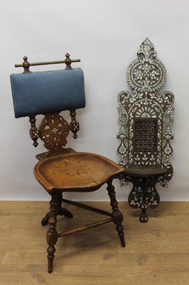 Lot 1368 - Late 19th / early 20th century walnut arts and crafts side chair in the Moorish 'Liberty's' style, together with mother of pearl inlaid Moorish style wall shelf