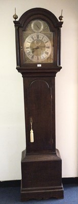 Lot 980 - 18th century oak cased Grandfather clock with brass arm dial and 8 day movement, manner Thomas Martin, London