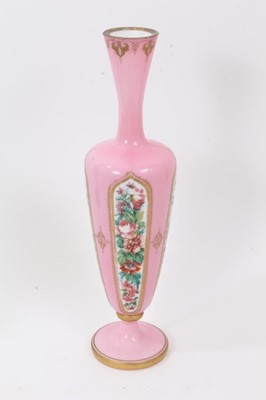 Lot 263 - 19th century pink glass vase with polychrome decoration together with large black glazed pottery vase with classical decoration