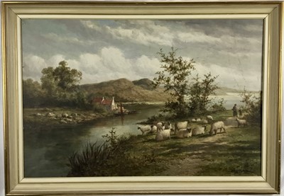 Lot 324 - Early 20th century oil on canvas, Scottish Loch with sheep and figures