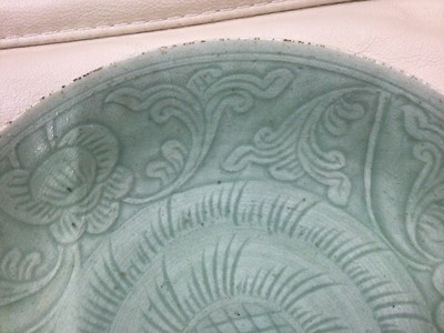 Lot 367 - 19th century Chinese celadon dish, together with a large Indian embroidery