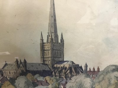 Lot 370 - Pair Victorian English school watercolour landscapes signed with R.H. Initials dated 1875 and J.W.Fenton 1951, watercolour of Norwich Cathedral (3)