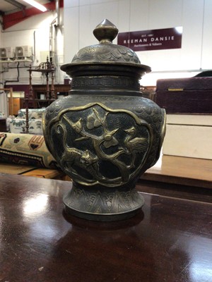 Lot 369 - Chinese bronze vase and cover, decorated in relief, seal mark to base