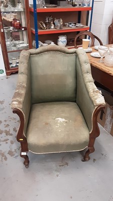 Lot 1030 - Late Victorian mahogany framed tub chair with green upholstery on cabriole front legs and castors