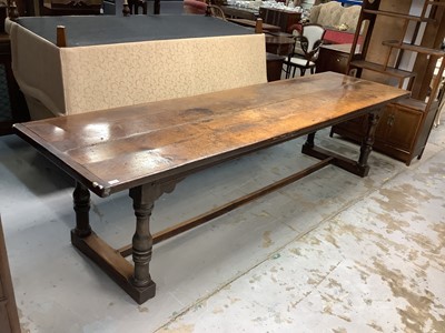 Lot 1320 - Good 17th century and later oak refectory table, the expansive twin plank top with cleated ends, raised on baluster supports anc H- shaped stretcher, 296cm wide x 81cm deep x 76cm high