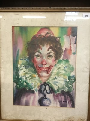 Lot 375 - Rene Marjolaine watercolour portrait of a clown, signed