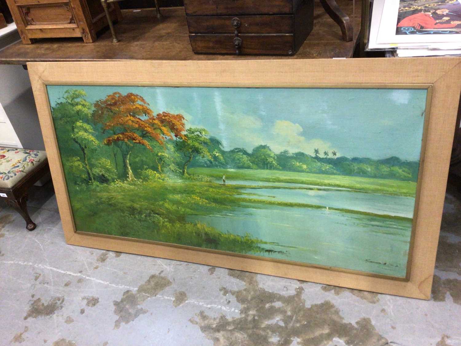 Lot 384 - Large Malaysian landscape painting, 136cm x 64cm