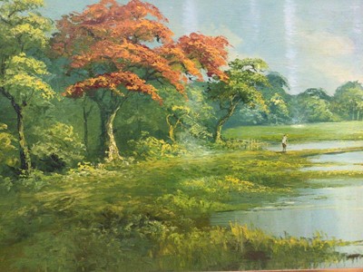 Lot 384 - Large Malaysian landscape painting, 136cm x 64cm