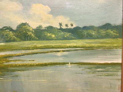 Lot 384 - Large Malaysian landscape painting, 136cm x 64cm