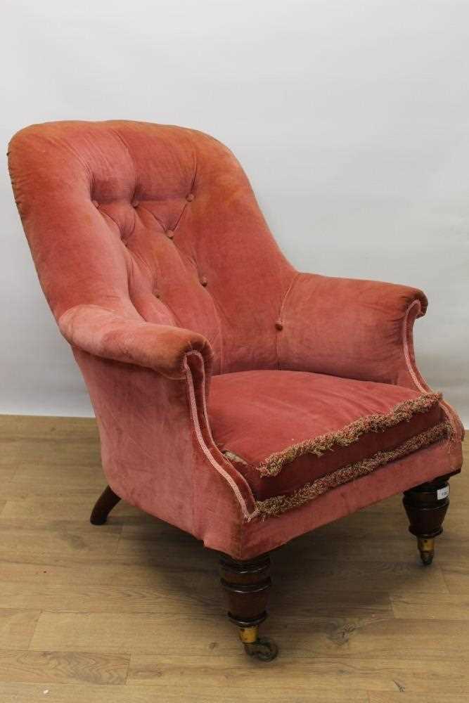 Lot 1332 - Early Victorian button back easy chair, the casters stamped 'Cope Collinson'