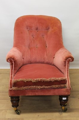 Lot 1332 - Early Victorian button back easy chair, the casters stamped 'Cope Collinson'