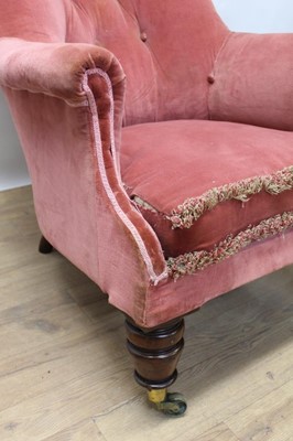 Lot 1332 - Early Victorian button back easy chair, the casters stamped 'Cope Collinson'