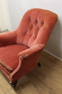 Lot 1332 - Early Victorian button back easy chair, the casters stamped 'Cope Collinson'