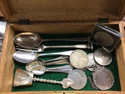 Lot 766 - Quantity of silver cutlery, together with two Maria Theresa coins (one on chain) and four commemorative coins, along with a quantity of silver plate