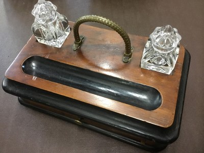 Lot 399 - Victorian desk stand, with twin glass inkwells