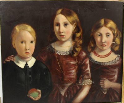 Lot 1164 - Victorian English School oil on canvas- Portrait of three children, in painted frame. 62.5cm x 75.5cm