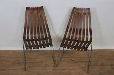 Lot 1424 - Pair of Norwegian rosewood slatted chairs by Hove Mobler, on metal frame supports