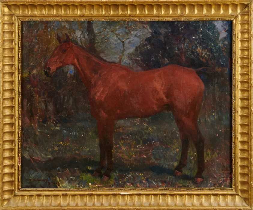 Lot 1163 - *Sir Alfred Munnings oil on canvas - Bay Hunter in Landscape, signed and dated 1908
