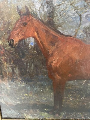 Lot 1163 - *Sir Alfred Munnings oil on canvas - Bay Hunter in Landscape, signed and dated 1908
