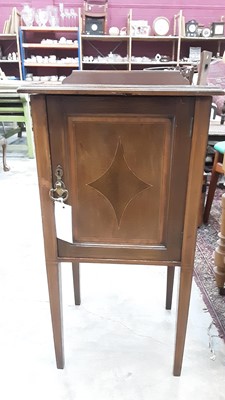 Lot 1038 - Edwardian inlaid mahogany pot cupboard with ledge back and panelled door on square taper legs, 41cm wide, 35cm deep, 81cm high