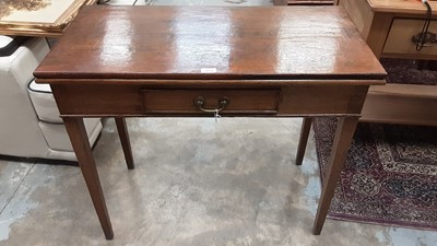 Lot 1039 - Nineteenth century oak tea table with foldover top, drawer below on square taper legs, 85cm wide, 41cm deep, 73cm high