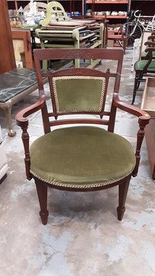 Lot 1043 - Late Victorian low walnut framed elbow chair with green upholstered seat and back, on square taper front legs, 58cm wide, 47cm deep, 76cm high