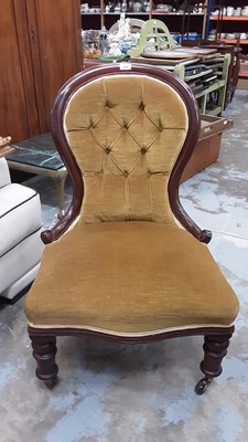 Lot 1044 - Victorian mahogany framed nursing chair with buttoned upholstery on turned front legs and castors, 59cm wide, 48cm deep, 87cm high