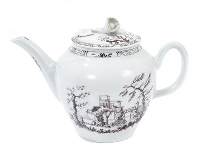 Lot 281 - A rare Worcester small pear shaped teapot and cover, printed by Robert Hancock with Le Chalet Double and Le Pont Chinois, after Pillement, circa 1756-58