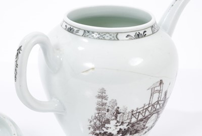 Lot 281 - A rare Worcester small pear shaped teapot and cover, printed by Robert Hancock with Le Chalet Double and Le Pont Chinois, after Pillement, circa 1756-58