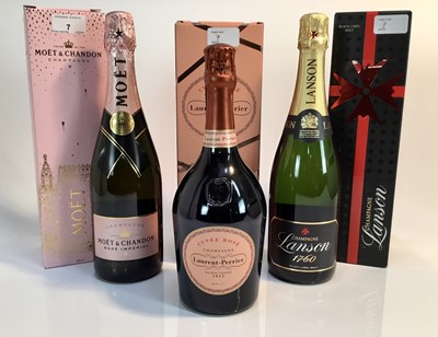 Lot 7 - Champagne - three bottles, Laurent-Perrier Rose, Moët Rose, Lanson Black Label, each boxed