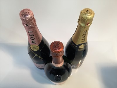 Lot 7 - Champagne - three bottles, Laurent-Perrier Rose, Moët Rose, Lanson Black Label, each boxed