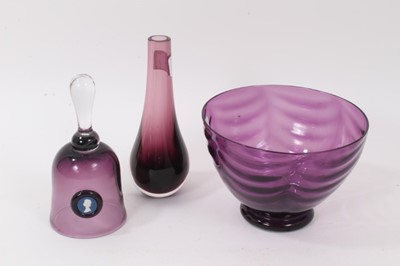Lot 274 - A Whitefriars type amethyst tinted glass bowl, a Wedgwood glass bell and an amethyst glass vase
