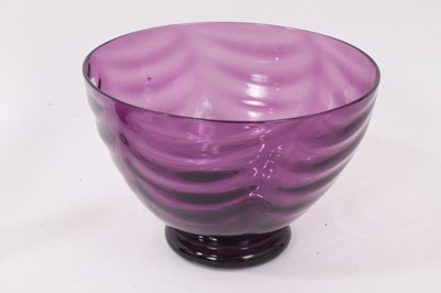 Lot 274 - A Whitefriars type amethyst tinted glass bowl, a Wedgwood glass bell and an amethyst glass vase