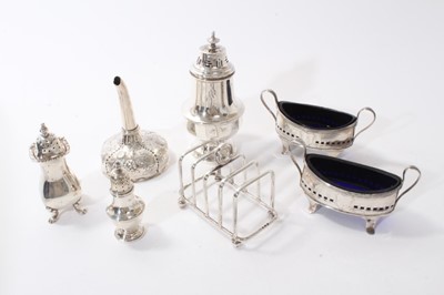 Lot 427 - Group of silver including pair of Georgian salts, wine funnel, three castors, toast rack