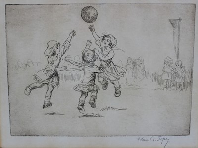 Lot 1133 - *Eileen Alice Soper (1905-1990) signed etching entitled - Net Ball, in glazed frame from the estate of Eileen Soper, 15cm x 19cm