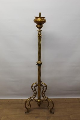 Lot 1392 - Decorative gilt brass standard lamp, classical style with acanthus mounts and central twist column on scrolling tripod base, 145cm high