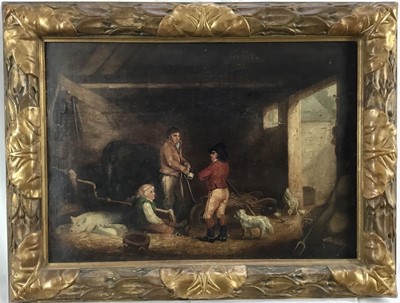 Lot 203 - After George Morland oil on canvas - Stable interior, 53cm x 38cm, framed
