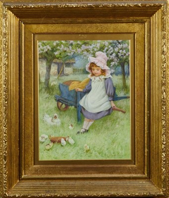 Lot 83 - William Affleck (1869-1943) watercolour - Girl and chicks in an orchard, signed, 40 x 30.5cm, glazed gilt frame