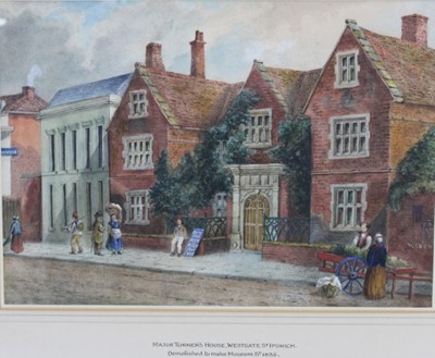 Lot 210 - Ipswich School, 19th century, watercolour - Major Turner's House, Westgate Street, Ipswich, demolished to make Museum St 1835