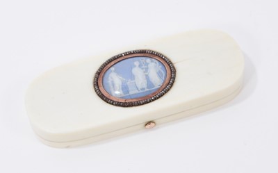 Lot 751 - Fine large Georgian ivory tooth pick case with classical jasperware plaque to lid with yellow metal and cut steel bezel 9.1 cm x 3.5 cm