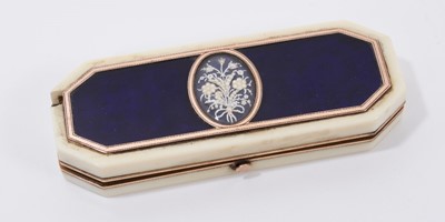 Lot 752 - Fine large Georgian ivory and yellow metal mounted toothpick case with glazed seed pearl floral arrangement and blue enamel panel, original mirror and velvet lining 9.5 cm x 3.5 cm