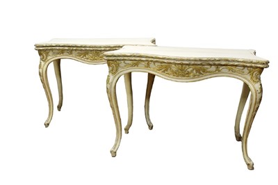 Lot 1393 - Good pair of 19th century cream painted and gilt heightened serpentine card tables