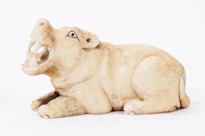 Lot 766 - 19th century Japanese carved ivory netsuke of a seated hippopotamus, signed 6 cm