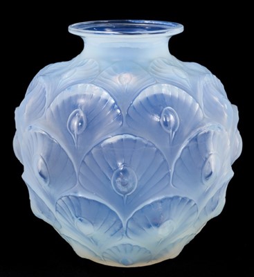 Lot 131 - Sabino opalescent glass vase, decorated with a peacock pattern, signed Sabino France to base, 20cm high