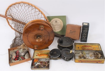 Lot 887 - Group antique fishing reels, flies, rods and accessories