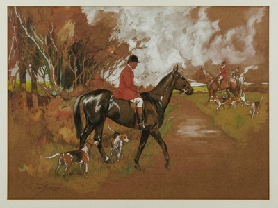 Lot 1030 - Molly Maurice Latham (c.1900-1987) watercolour - Huntsman and Hounds, signed and dated 1931, 42cm x 56cm, in glazed gilt frame