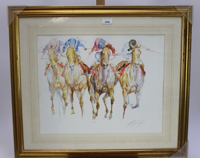 Lot 1048 - Jacquie Jones (b.1961) watercolour - Jockeys and Horses signed, in glazed gilt frame