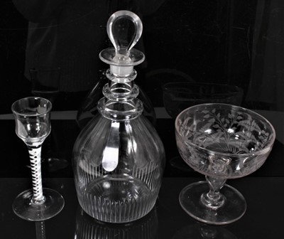 Lot 132 - 18th century opaque twist wine glass, together with a Georgian three-ring decanter and a Victorian sweetmeat engraved 'E Strutt 1893'