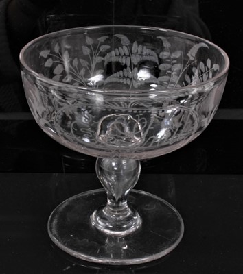 Lot 132 - 18th century opaque twist wine glass, together with a Georgian three-ring decanter and a Victorian sweetmeat engraved 'E Strutt 1893'