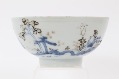 Lot 133 - Chinese Nanking cargo porcleain bowl, decorated in underglaze blue and enamels with a landscape scene, collection label to base, 15cm diameter